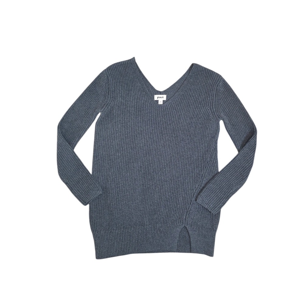 Pact Organic Cotton Rib Knit Sweater Gray V Neck Cozy Women XS